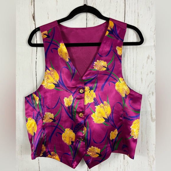 Magenta Multicolored Satin Chic Vest Yellows Flowers Handmade - Picture 1 of 4